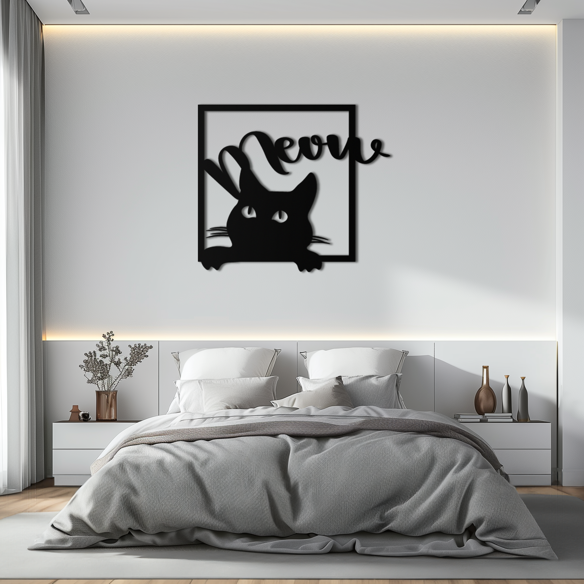 Peeking Cat "Meow" Metal Wall Art – Black Steel