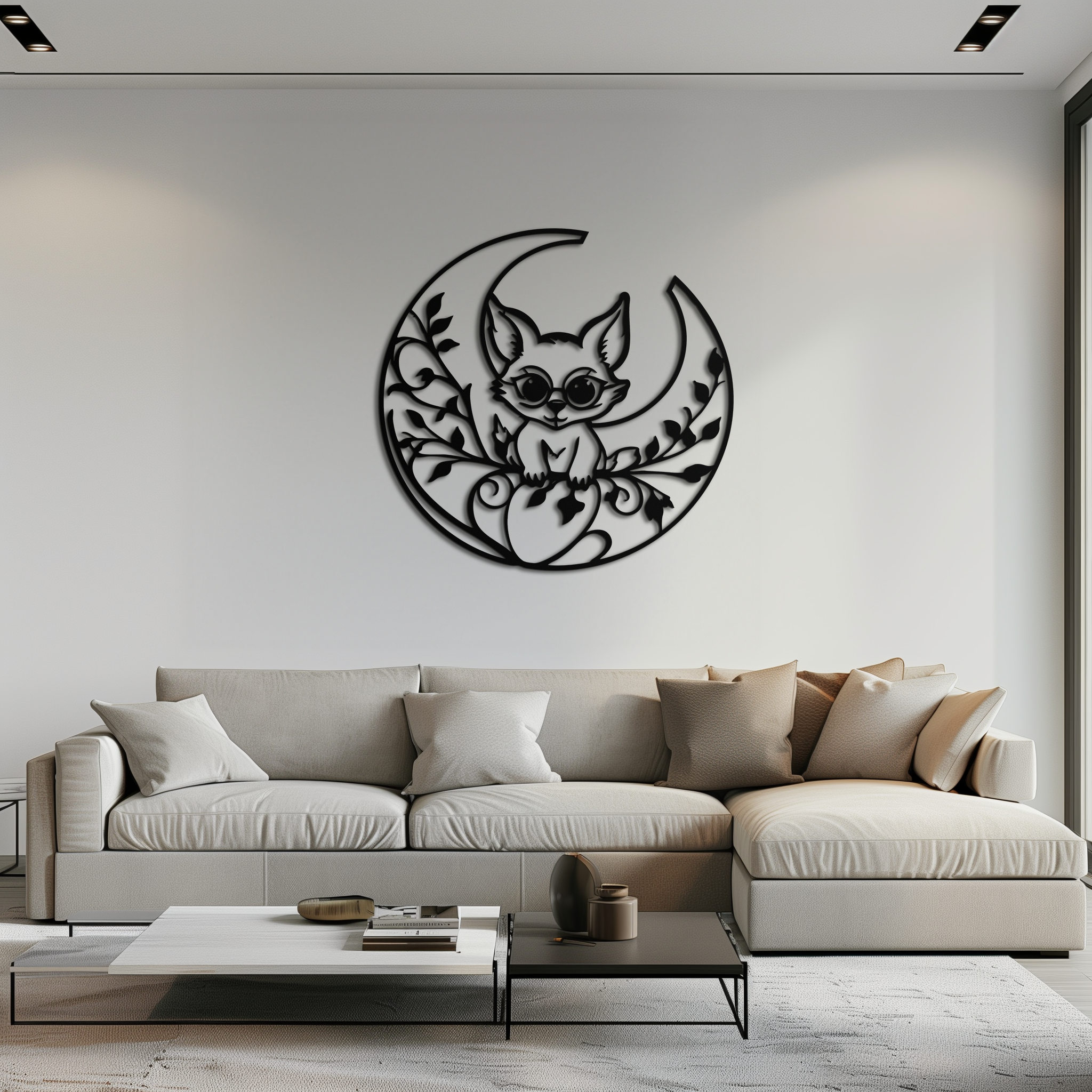 Moon Cat Silhouette Metal Wall Art – Black Steel
