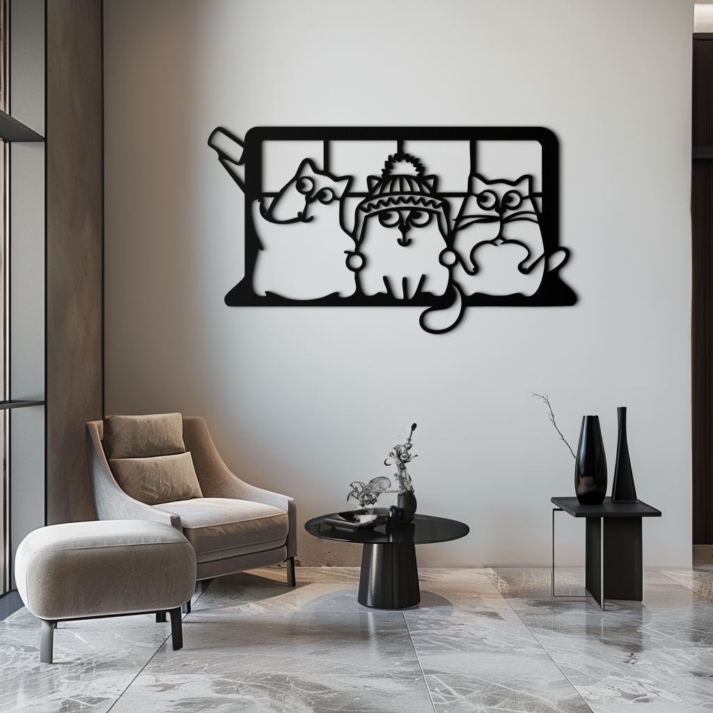 Cozy Window Cats Metal Wall Art – Cartoon Trio Design