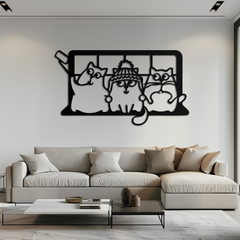 Cozy Window Cats Metal Wall Art – Cartoon Trio Design