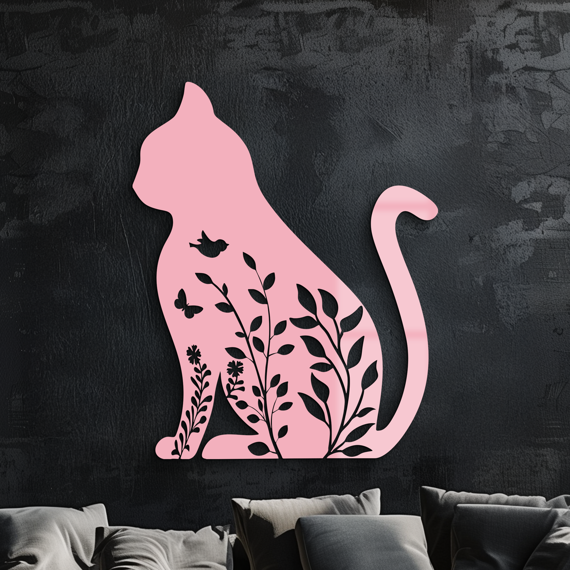 Floral Cat Silhouette Metal Wall Art – Elegant Pet Décor